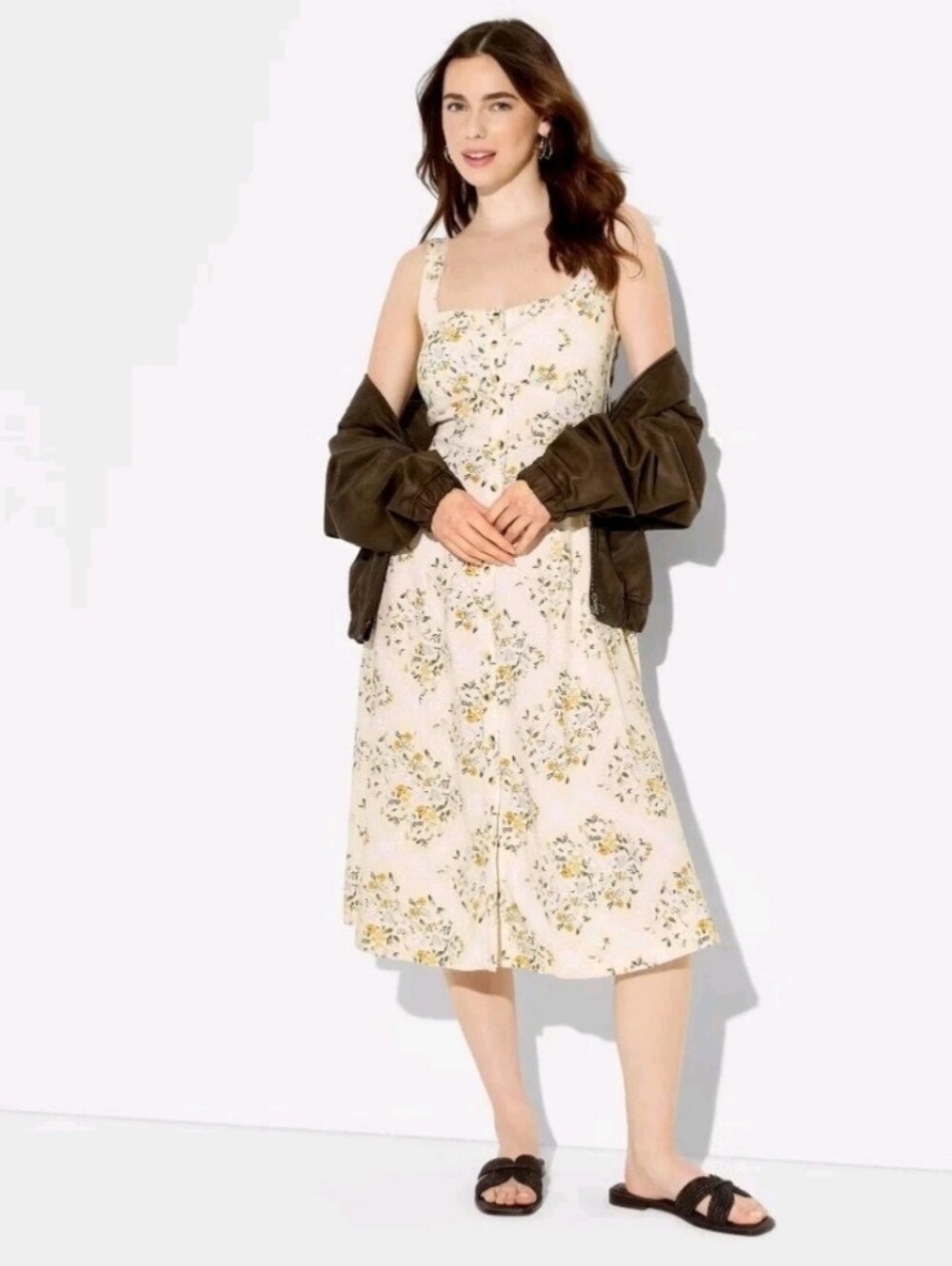 Women's Button-Front Midi A-Line Dress - Wild Fable Light Yellow Floral